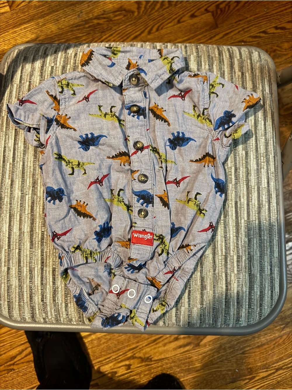 Wrangler Light Blue Baby Button-Up Romper with Multicolor Dino Print